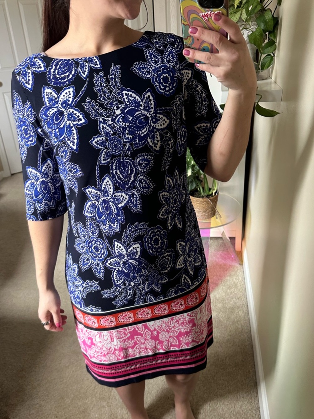 Floral Print Sheath Dress in Navy and Pink